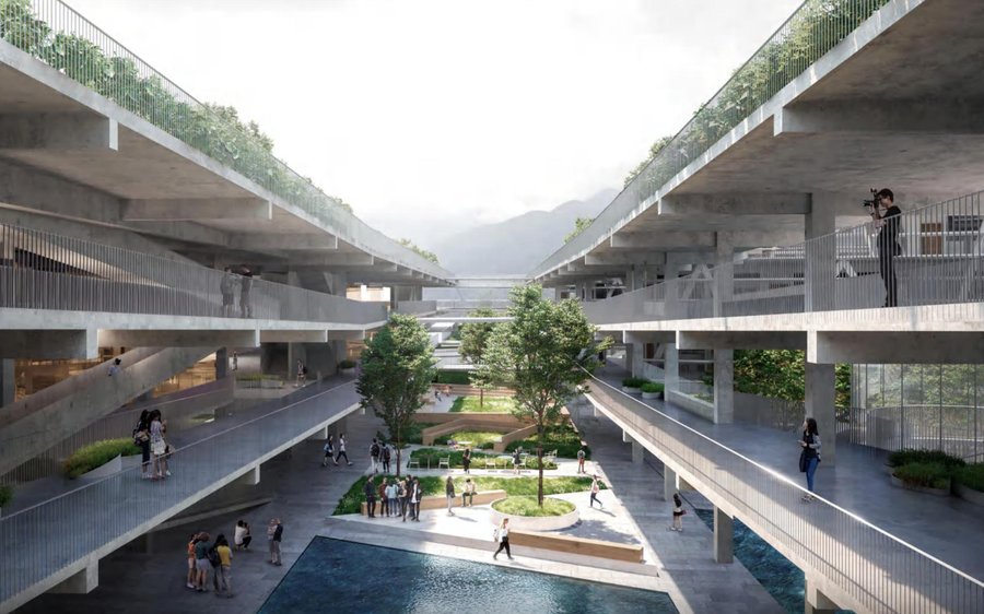 深圳市第二十八高级中学设计：面向湖景的院落与街道空间效果图